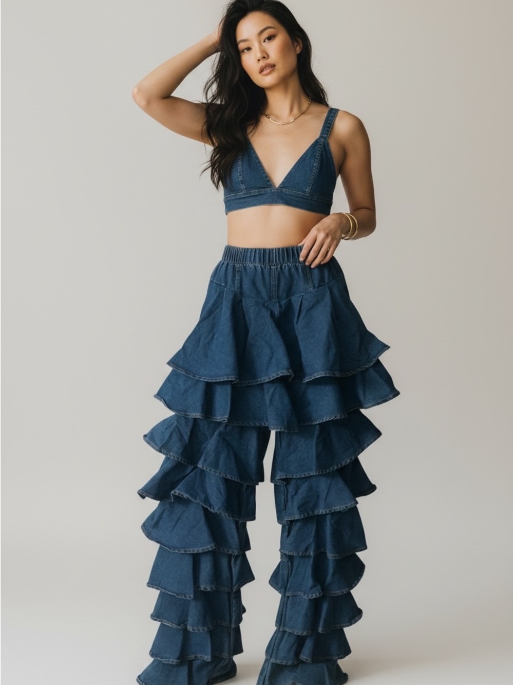 Ruffle layered jeans and bikini top